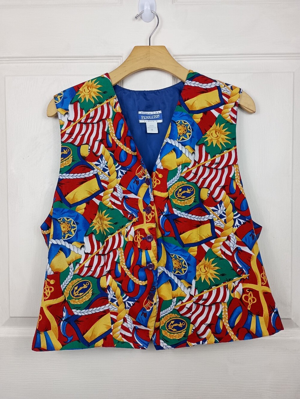 Vintage 90s Pendleton Vest Women 16 Nautical Flag Rayon Eclectic Colorful Rayon